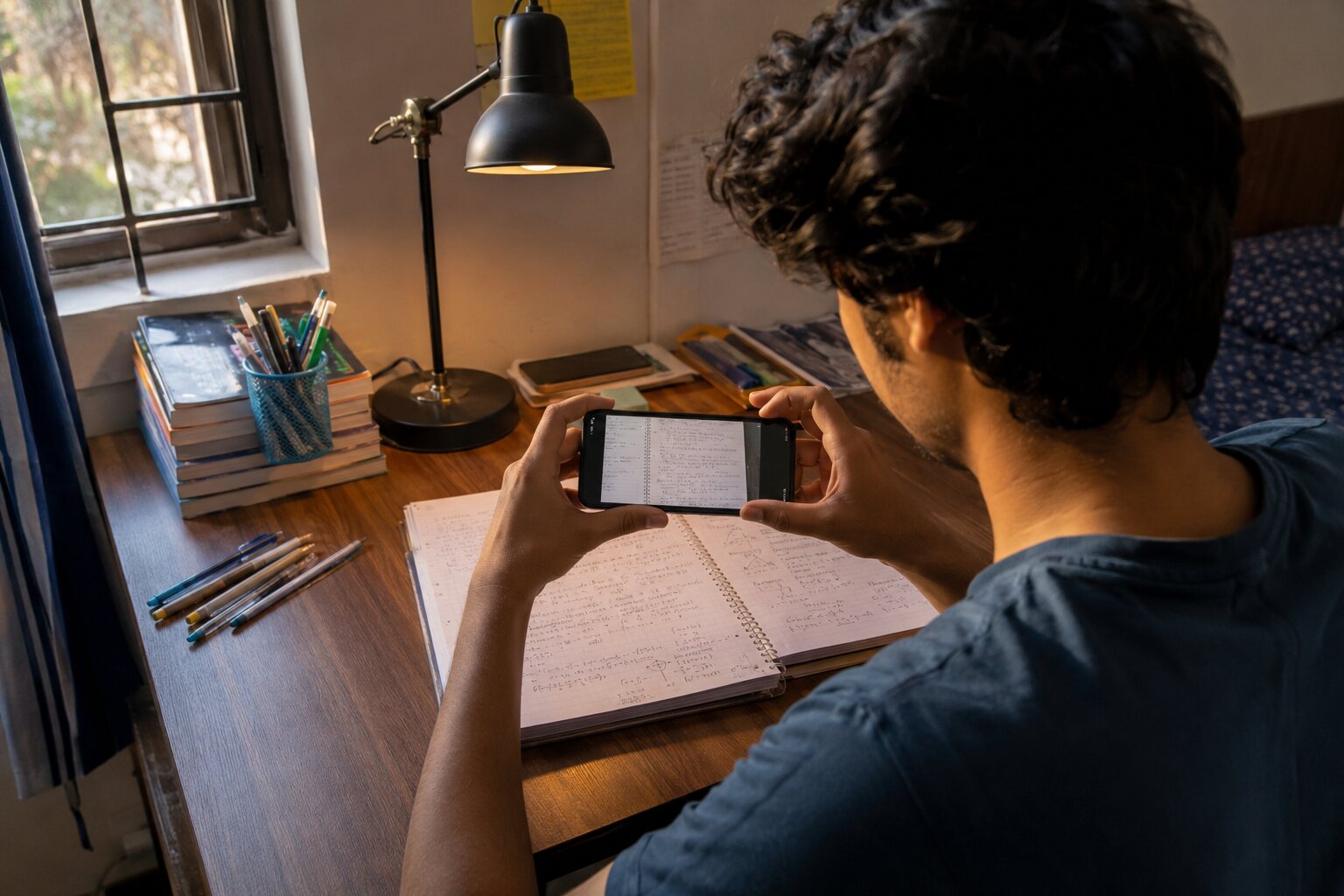 A student taking a photograph of handwritten study notes